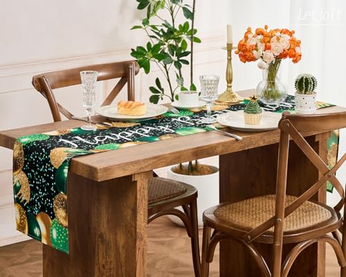 Image of Letjolt Golden Green Balloon Happy Birthday Table Runner 72 Inches | Linen-Like Fabric, Celebrate Birthday Party Table Decor