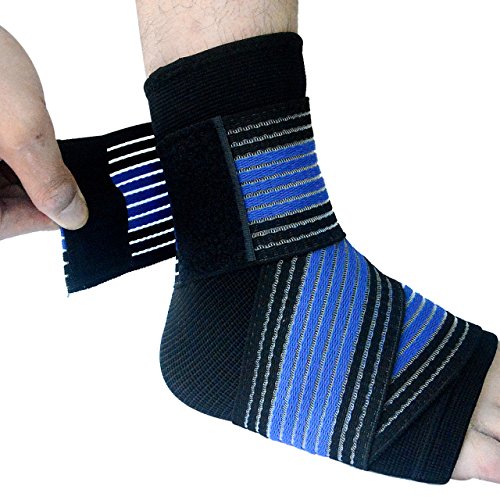 Runflory Ankle Support Brace with Straps, Compression Ankle Foot Sleeve with Adjustable Ankle Strap Wrap Bandage - Ankle Support for Athletics, Injury Recovery, Joint Pain (Blue)