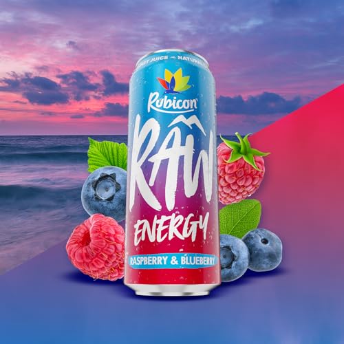 Rubicon RAW 12 Pack Raspberry & Blueberry 500ml Energy Drink, 20% Real Fruit Juice, High caffeine with B-Vitamins, Ginseng & Guarana, No Artificial Colours or Flavours, Reduce Tiredness & Boost Energy - Image 4