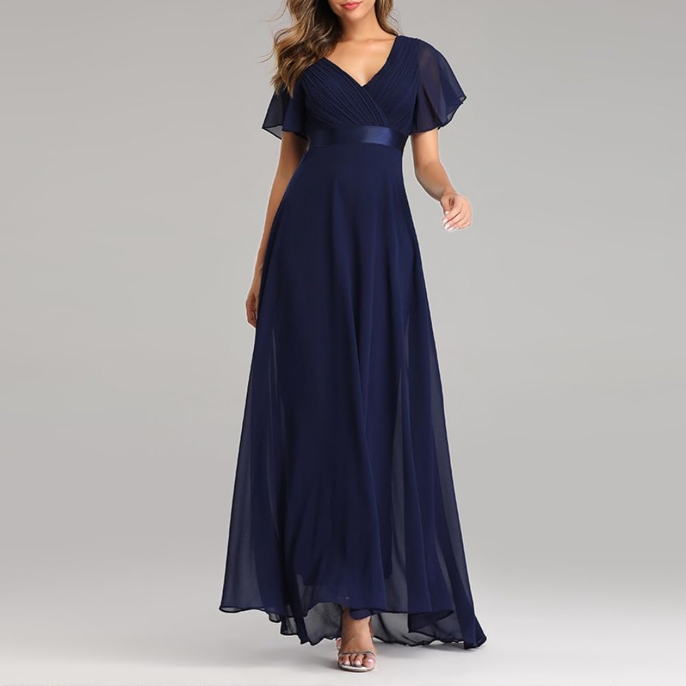 Elegantes Damen Festkleid Chiffon Ballkleid Lang Cocktailkleid V-Ausschnitt Glockenärmel Geschwungenes Saum Elastisch für Bankett Abend