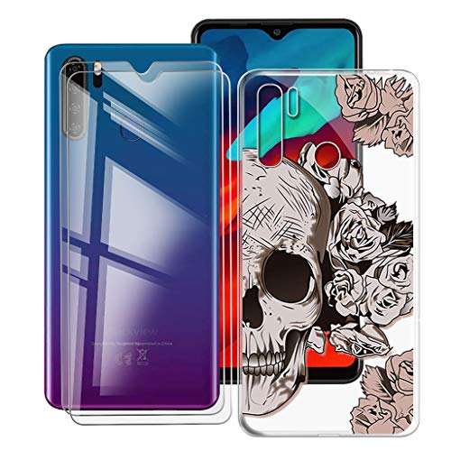 Phone Case Transparent + 2 Pieces Tempered Glass Film for Blackview A80 Pro (6.49 Inches), KJYF HD Screen Protector + Cover TPU Transparent Case Friendly Protective - Rose Head