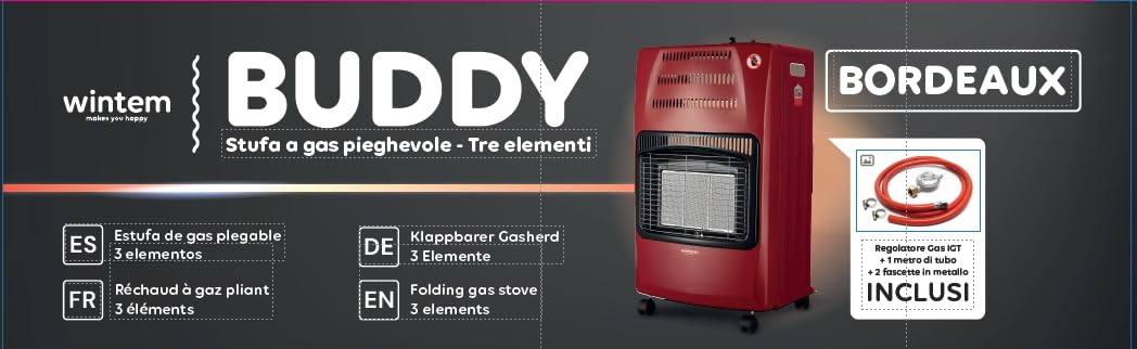 Wintem - Stufa a Gas Richiudibile 4200W con 3 Livelli di Riscaldamento, Accensione Piezoelettrica e Vano Porta-Bombola da 15Kg, Compatta e Facile da Riporre (Bordeaux)