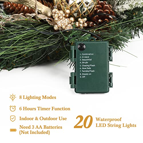 GAOMON 24" Christmas Wreath, Outdoor Christmas Wreath for Front Door, Battery Operated Xmas Wreath with Gold Ball Ornaments Pine Cones Antlers 20 LED Lights for Home Holiday Decor
