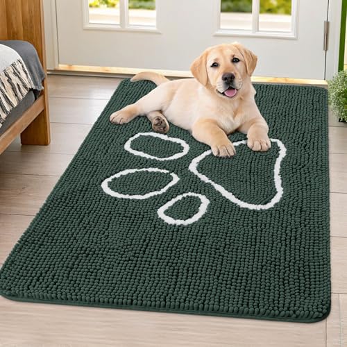 Image of Smiry Dog Door Mat for Muddy Paws, Absorbent Dirt Trapper Non Slip Quick Dry Washable Chenille Mat for Mud Dogs, Entry Rug for Indoor and Outdoor (40x32 Inches, Green and White)