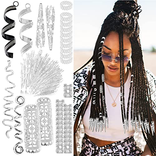 130 Pieces Locs Hair Jewelry for Women Goddess Dreadlocks Accessories kit Faux Locs Beads,Braids Hair Cuffs Decoration charms (Spiral Silver)