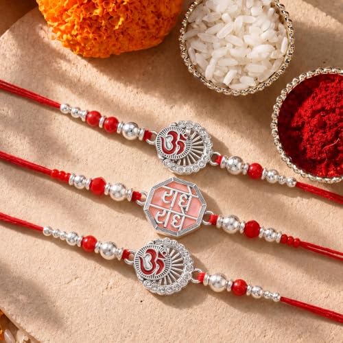 Image of Peora Rakhshabandhan Thread Rakhi for Brother Bhaiya | Crystals & Kundan Studded | Combo, Set of 3 | Rakhi Hamper with Roli Chawal & Greeting Card
