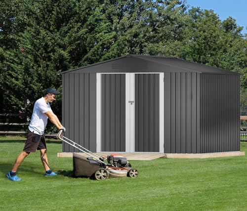 Image of DWVO 10x8FT Outdoor Storage Shed, Spacious Metal Tool Shed with Lockable Doors & Ventilation for Patio, Lawn, and Backyard, Ideal for Storing Garden Equipment, Lawnmowers, and Bicycles, Dark Gray