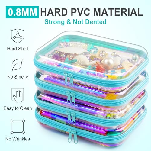 Image of Hoolerry 4 Pcs Hard Clear Zipper Case Makeup Bags Plastic Zipper Pouch Transparent Storage Box Containers for Cosmetics, Snacks, Building Blocks, Puzzles(Clear,9.8 x 7.9 x 2 in,Blue Laser)