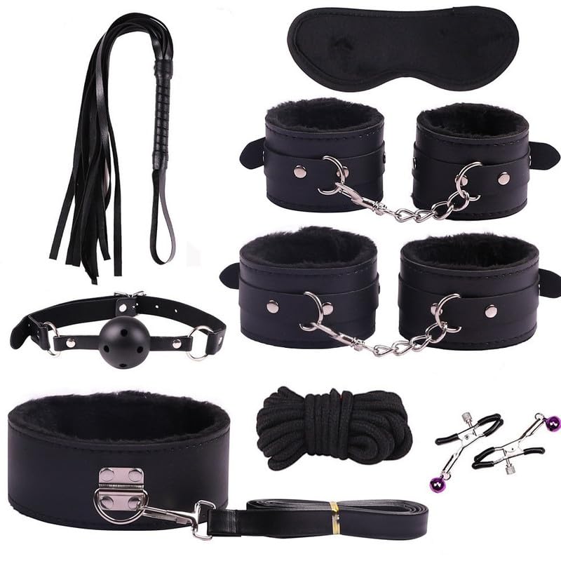 Juego De Correas Para Manos Y Pies De Cuero Negro De 8 Piezas, DiseñO De TamañO Ajustable Con Pelusa Suave