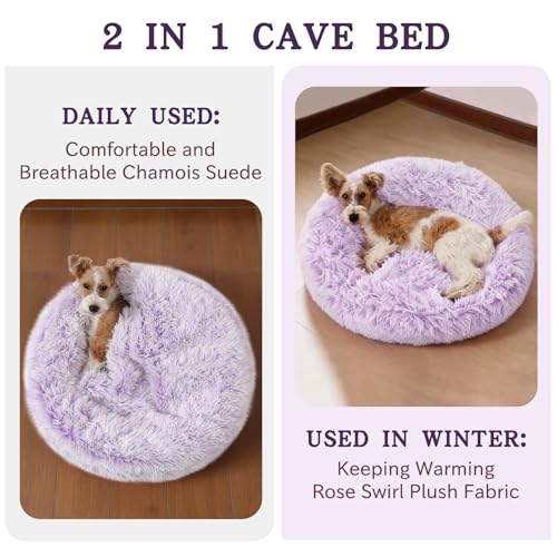 Image of NOYAL Calming Dog Bed for Anxiety, Hooded Donut Cave with Blanket, Plush Fluffy Washable Pet Bed for Small Medium Dogs & Cats