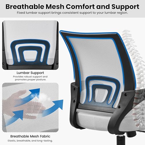 Image of Yaheetech Mid Back Mesh Computer Office Desk Chair Adjustable Swivel, Grey | Breathable mesh back and foam padded seat for comfortable work at home or office; steel frame holds 300 lb, easy assembly.