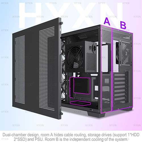 H1 ATX PC-behuizing – vooraf geïnstalleerde 7 PWM ARGB ventilatoren, dual kamer Mid Tower Gaming pc-behuizing, met Type-C, gelijktijdige installatie van 3 x 360 mm koeler (zwart, H1) - Afbeelding 6
