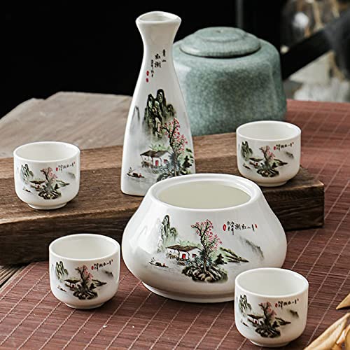 Rvvk Ceramic Warm Hot Wine Vessel, Household Chinese Style Hip Flask, Wine Glass Set, Sake, White Wine, Yellow Wine Set, Six-Piece Set #TOP7