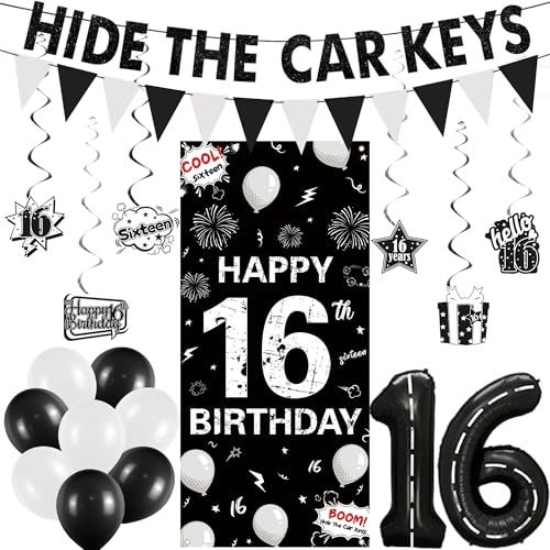 Holkcog 16th Birthday Decorations Boys Girls, Hide The Car Keys Happy 16th Birthday Banner, Happy Sixteen Birthday Hanging Swirls, Number 16 Balloons, Black 16 Years Old Party Yard Wall Background