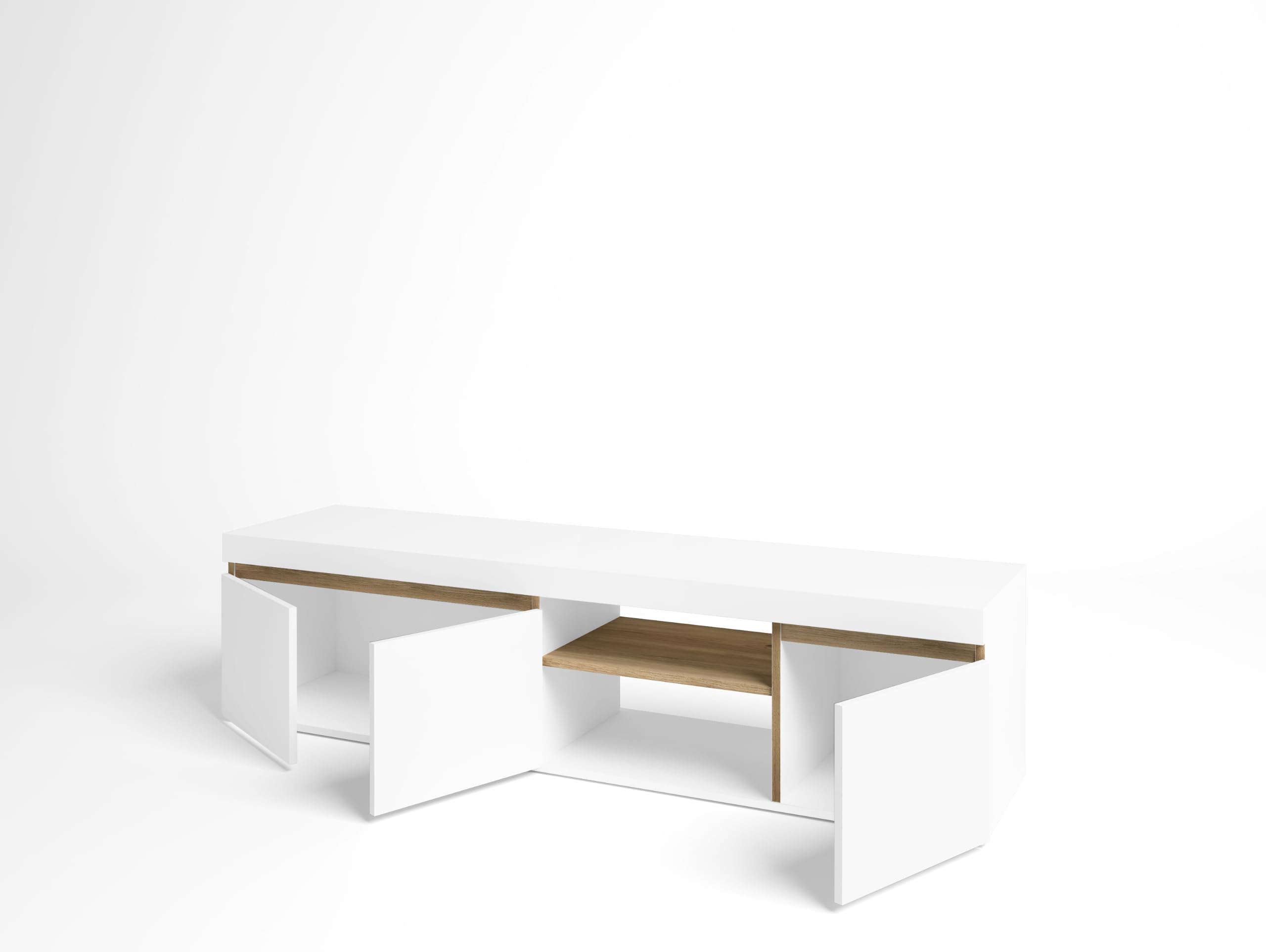 Meuble TV Blanc et Bois 160x40,5x39,6 cm – Meuble Bas Design Moderne avec 3 Portes et Niche, pour Salon ou Chambre.