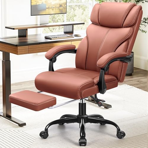 Office Chair, Executive Leather Chair Big and Tall Ergonomic Computer Desk Chair, Comfy Swivel Rolling Reclining Lumbar Support Task Chair with Adjustable High Back Foot Rest for Home Gaming