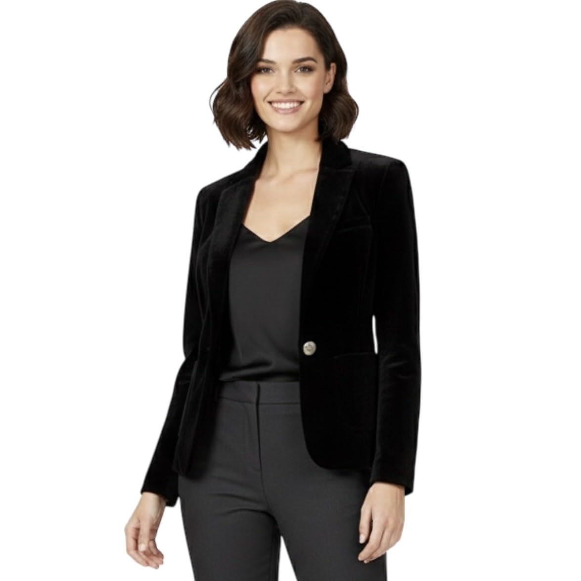 Women's Black Velvet Blazer, Single Button, Notched Lapel, Formal Jacket, Regular Fit-picture-30