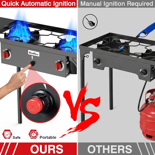 Image of Bestfire 2 burner Camping Stove with Auto Ignition Button,Side Shelves & Regulator150,000 BTU High Pressure Gas Stove Propane Burner With Removable Legs for Outdoor BBQ&Backyard Cooking Camping Home