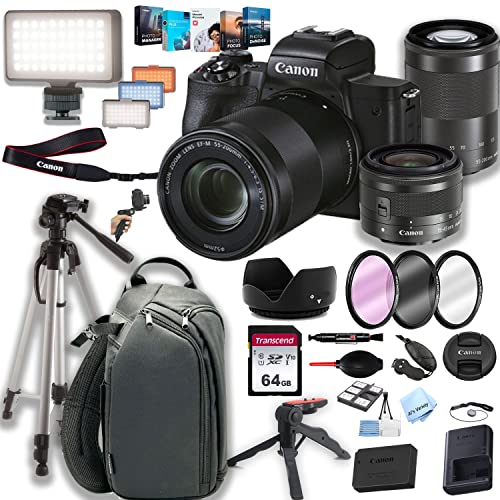 Canon EOS M50 Mark II Mirrorless Digital Camera with 15-45mm and 55-200mm Lens + 64GB Memory + LED Video Light + Canon Sling Case + Steady Grip Pod + Tripod + Filters + Software + More (34pc Bundle)