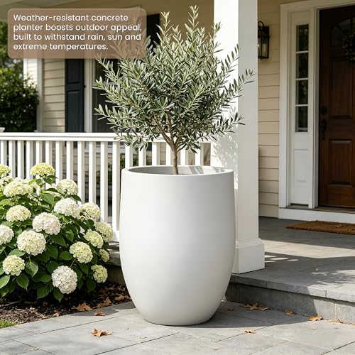 Image of Kante 21.7 inch Tall White Concrete Planter, Large Decorative Round Planter with Drainage Hole & Rubber Plug, Handmade Weather Resistant for Indoor Outdoor Home Garden, Weathered White Finish