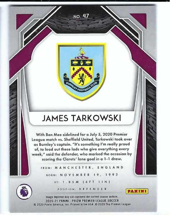 JAMES TARKOWSKI 2020-21 Panini Prizm English Premier League Soccer #47 Card Burnley FC