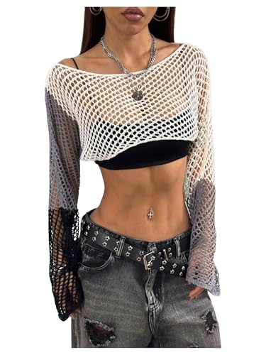 Verdusa Women's Hollow Out Color Block Sweaters Sheer Bell Sleeve Crochet Knit Crop Tops