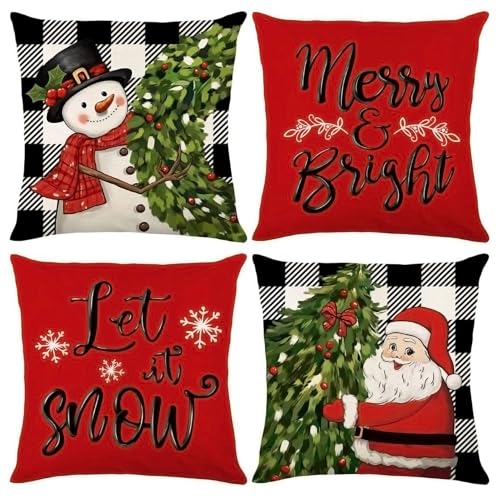 Christmas-Pillow-Covers-18x18-Inch-Set-of-4-Red-Xmas-Tree-Christmas-Snowman-Winter-Farmhouse-Holiday-Merry-Bright-Cushion-Case-for-Home-Couch-Decoration Christmas Pillow Covers 18×18 Inch Set of 4 Red Xmas Tree Christmas Snowman Winter Farmhouse Holiday Merry Bright Cushion Case for Home Couch Decoration