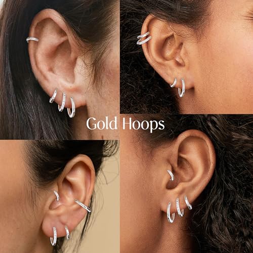 Image of Small Gold Huggie Hoop Earrings Set for Women Men Hypoallergenic 14K Plated Stack Cartilage Earrings, Sterling Silver Multiple Piercing Lightweight Mini Thin Cute Dainty Trendy Jewelry Gifts for Women