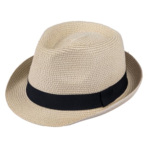 Image of Straw Fedora Hat for Women Men Short Brim Panama Hat Roll Up Trilby Summer Beach Sun Hat UPF 50+ (US, Alpha, Medium, Large, Beige)
