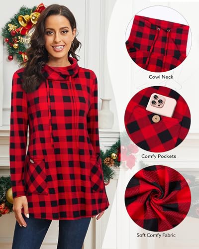 Bulotus Fall Sweaters for Women 2025 Cowl Neck Asymmetrical Long Tunics for Leggings Vacation Travel Tops with Pockets