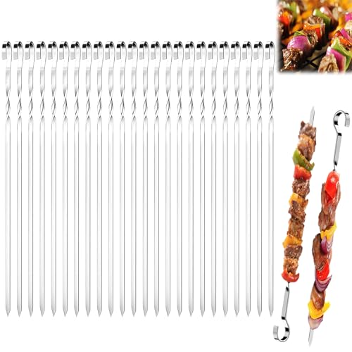XILEPINGAN 24 Piezas Brochetas de Barbacoa de Acero Inoxidable, 30 cm Pinchos para Parrilla Reutilizables, Brochetas de Kebab, Ideales para Kebab, BBQ y Acampada (C-24 Piezas-30 CM)