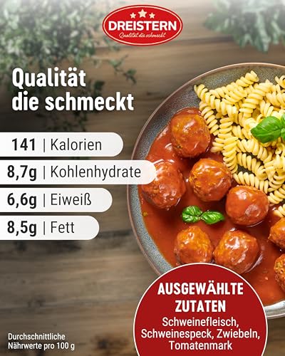 DREISTERN Fleischbällchen 540g I Mit Schweinefleisch in Tomatensauce I Herzhafte Spezialität in recyclebarer Konservendose I Lange Haltbarkeit dank natürlicher Konservierung I Hausmacher Qualität