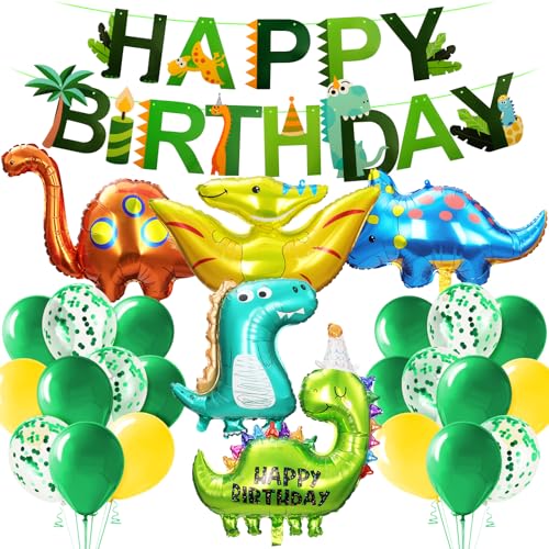 Alaoo Kit Décoration Anniversaire Dinosaure, Anniversaire Dinosaure, Géant Ballon Dinosaure avec Happy Birthday Bannière, Ballons Anniversaire Vert Or,...