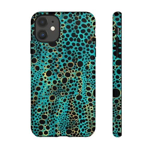 Coque iPhone 11 turquoise et noir à pois abstraits pour styliser vos tenues en terrasse de café