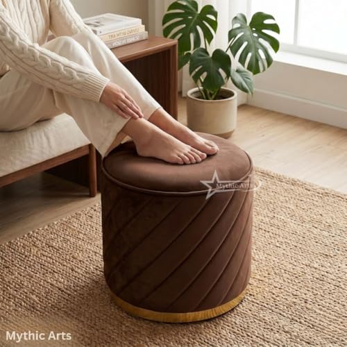 Image of Ottoman Stool, Puffy Stool, Sitting Stool, Modern Upholstered Round Ottoman, Dressing Table for Living-Brown