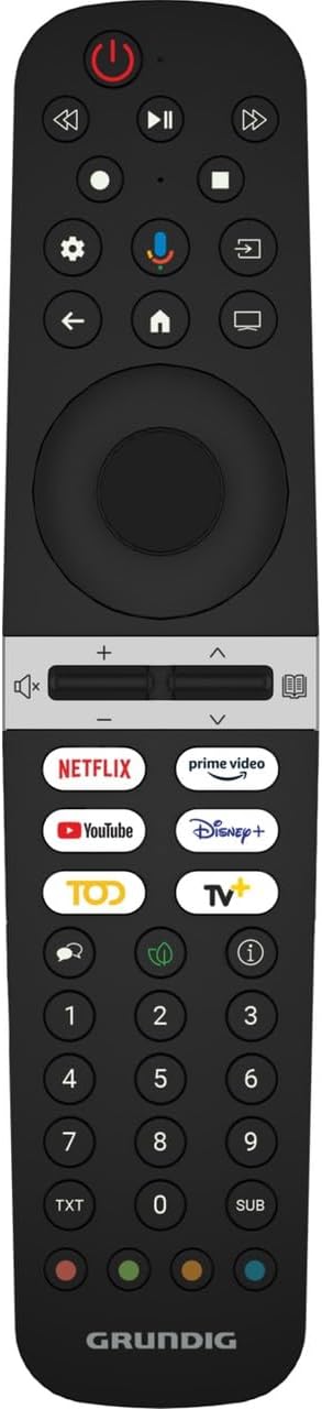 Voorkant view of the Grundig TV remote control, showing power button, navigation pad, volume and channel controls, and dedicated buttons for Netflix, Prime Video, YouTube, Disney+, and other streaming services.