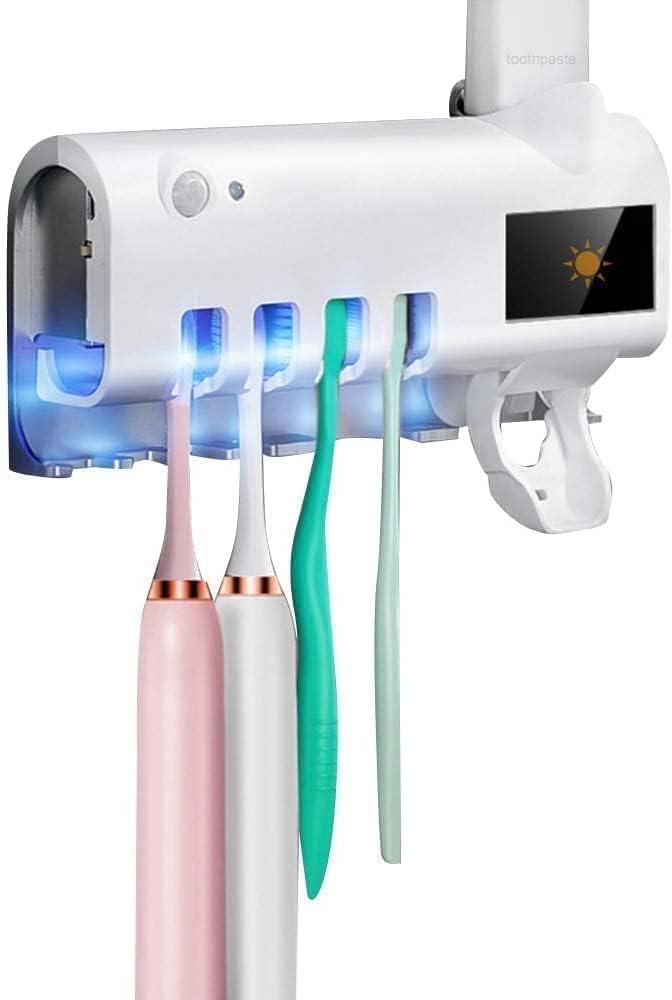 UV Toothbrush Holder with Toothpaste Dispenser – Wall Mounted, 2 Compartments, Automatic Sterilizer, White-image-3