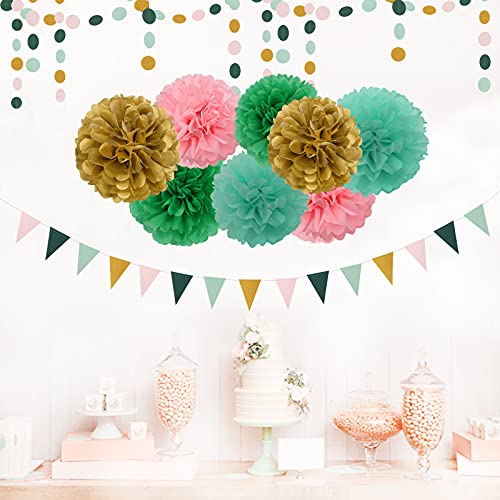 Image of Sage-Green Pink-Gold Baby Bridal-Shower Decorations - 30pcs Rustic Wedding Tissue Pom Poms,Tassel Garland Banner,Birthday Bachelorette Engagement Valentines Mothers Day Party Decor Lasting Surprise