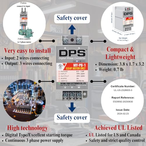 Image of DPS Single to 3 Phase Converter, My-PS-1 Model is Used for a 0.5HP(0.4kW) 1.5Amps 200-240V 3 Phase Motor, Input /Output 200V-240V, UL /CE Certified