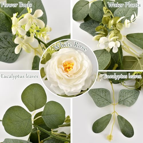 2 Pack 12Ft Artificial Eucalyptus Flower Garland,Flower Garlands with 6 White Roses,Eucalyptus Garland with Flowers Use for Wedding/Table/Backdrop/Arch Birthday Party Indoor Outdoor Decor