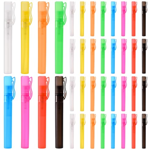 Lawei 40 Pack Mini Pen Clip Fine Mist, 10ml 1/3oz Small Plastic Spray Bottle, Empty Portable Refillable Pump Spray Bottle, Frosted Hand Sample Spray Containers Atomizer for Makeup, Travel, 8 Colors