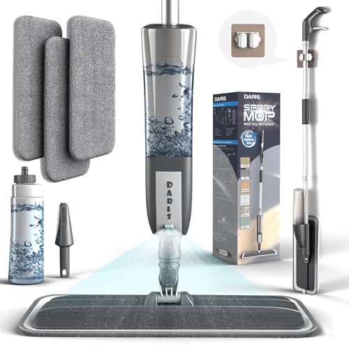 Mopa Fregona con Pulverizador 3 Paños Microfibra Lavables y Raspador Mopas de Limpieza Suelos Azulejos Mármol Parquet Madera Laminados Azulejos Secado Rápido Sin Rayas para Cocina Hogar