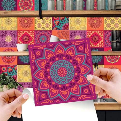 WALPLUS Lot de 24 Pièces Credence Adhesive Salle de Bain 15x15 cm Carreaux Adhesif Cuisine Amovible Carrelage Adhesif Mural Mandala Coloré Stickers Muraux...
