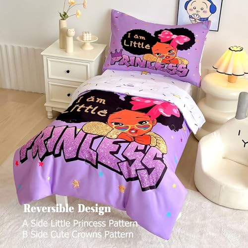 Image of 4 Piece Toddler Bedding Set for Girls,Toddler Black Girl Magic Comforter Set,Black Princess Toddler Bed Comforter Set Includes Comforter, Flat Sheet,Fitted Sheet,Pillowcase