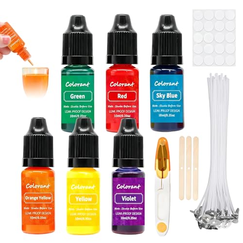 Kerzenwachs Farbe, 6 Kerzenfarbe, 10 ml, Wachs Kerzen Farbe,mit 20PCs Kerzendocht + 20PCs Docht Aufkleber+ 3PCs Dochthalter, Kerzen Selber Machen Set für DIY Kerze, Kerzenherstellung