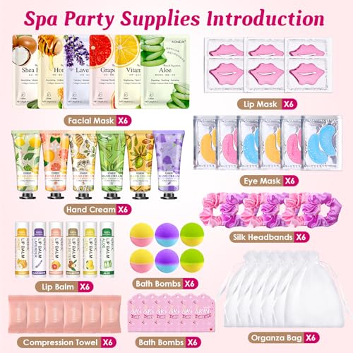 60PCS Spa Party Supplies for Girls, Include Face Masks, Hand Cream, Lip Balm, Foot Bath Bombs, Lip Mask, Under Eye Patches, Compressed Towels, Spa Birthday and Sleepover Party Supplies for Girls Women - Image 3