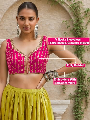 Image of TRENDMALLS Women's Dhupion Silk Embroidery Sequence Work V Neck Sleeveless Blouse Choli Stylish Saree Blouse Ready to Wear