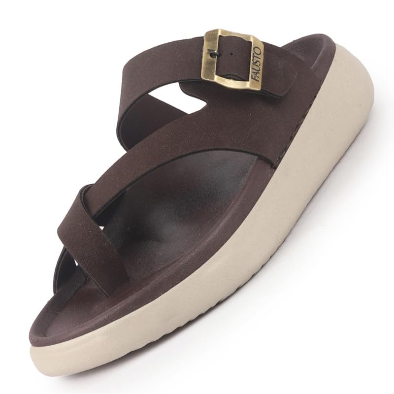 Image of FAUSTO Men Toe Ring Criss Cross Buckle Strap Side Stitched Waterproof Summer Slip On Sandals|Comfort Sole|Lightweight Slippers for Rainy Monsoon Season