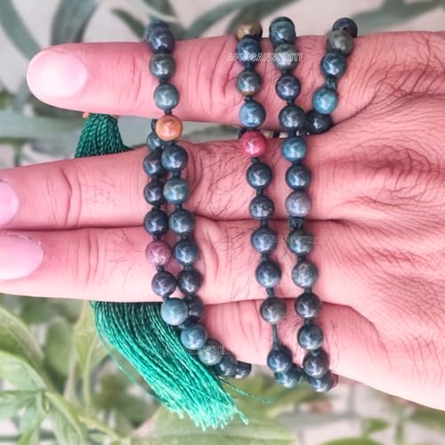 Image of Apnisanskriti Premium Blood Stone Mala for Men and Women (6mm, AAA Quality, Lab Certified, 108+1) - Natural Stone Beads Mala - Dark Green & Red Colour - Pack of 1