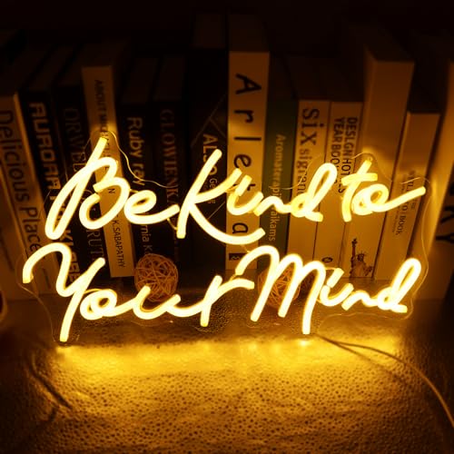 Image of Be kind to Your Mind Neon LED Sign Hippie Letters Reusable Neon Lights for Wall Art Decor, Encouragement Gifts, Health Quote Lamp Light up Bedroom, Office, Home,Study, Reception Room